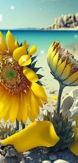 Vibrant sunflower on a beach with turquoise water and pebbles.