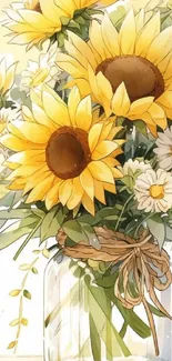 Artistic sunflower bouquet with daisies in a vase, vibrant and cheerful design.