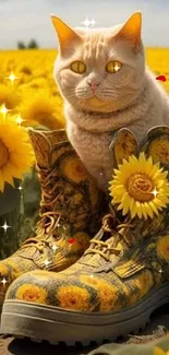 Cat in sunflower-patterned boots in a sunflower field.