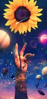 Hand holding a sunflower with planets and a butterfly against a cosmic background.