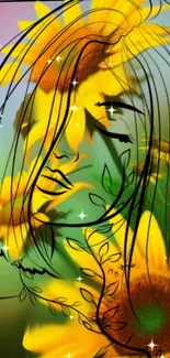 Sunflower themed art wallpaper blending abstract lines and bright colors.