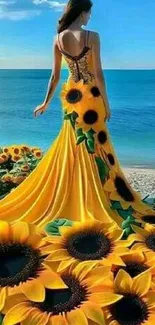 Woman in sunflower dress on a beach with ocean in background.