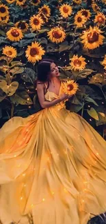 Woman in yellow dress surrounded by sunflowers.