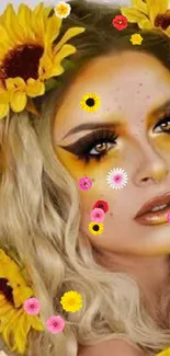 Woman with sunflower makeup and floral halo.