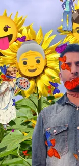 Colorful collage of emojis with sunflowers and whimsical elements.