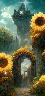 Sunflower-filled fantasy landscape with arches.