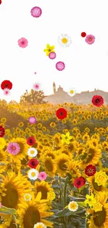 Sunflower field basking in sunrise light with a peaceful countryside view.