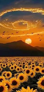 Sunflowers under a fiery sunset sky.