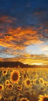 Sunflower field with a vibrant sunset in the background creating a serene scene.
