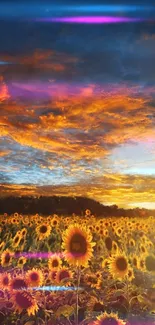 Sunset over a sunflower field with vivid orange and pink skies.