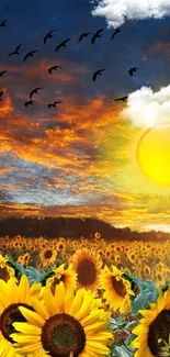 Sunflower field under a dramatic sunset sky with birds and a glowing sun.