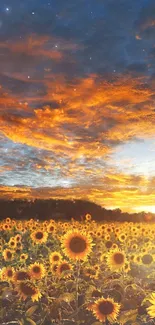 Sunset over a sunflower field creating a vibrant and dramatic mobile wallpaper.