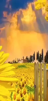 Vibrant sunflower field with golden skies and wooden fence.