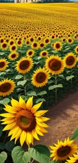 Sunflower field with a castle and vibrant yellow blooms.