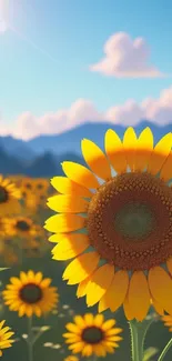 Vibrant sunflower field under a bright blue sky with clouds and mountains.