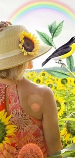 Woman in sunflower field with rainbow and bird in vibrant summer scene.