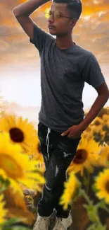 Silhouette in sunflower field under a golden sunset sky.