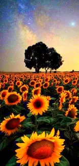 Sunflower field under a starry night sky.