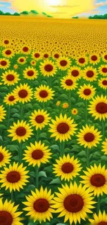 Sunflower field wallpaper with bright yellow blooms and a scenic sunset.