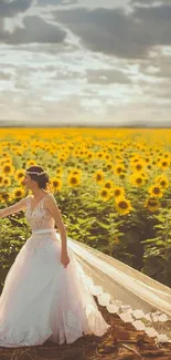 Bride and groom in sunflower field with dramatic sky.