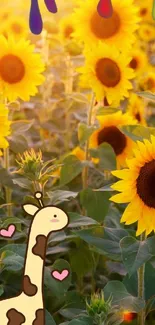 Cartoon giraffe amidst sunflower field with vibrant colors.