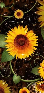 Vibrant sunflower and galaxy mobile wallpaper design.