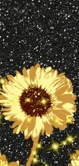 Sunflower wallpaper with a galaxy-inspired black, starry background.