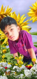 Child in a vibrant sunflower garden with a colorful floral background.