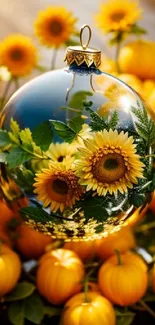 Reflective glass ornament with sunflowers and pumpkins.