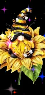 Whimsical sunflower gnome with bee theme on a black background.