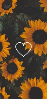 Sunflower wallpaper with a white heart design for mobile phones.