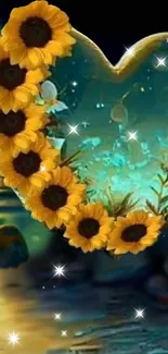 Sunflower-accented heart glowing in a starry night scene.