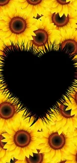 Black heart with yellow sunflowers background