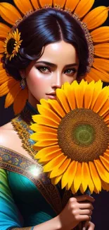 Artistic wallpaper of a woman with sunflowers, vibrant and colorful design.