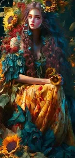 Artistic depiction of a lady surrounded by vibrant sunflowers.