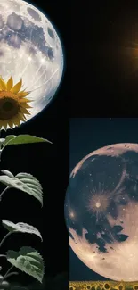 Sunflower set against a moonlit collage with a dark cosmic background.