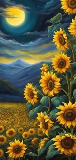 Vibrant sunflower field under a moonlit night sky.