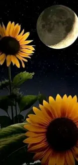 Moonlit night with sunflowers wallpaper.