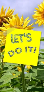 Vibrant sunflower field with 'Let's Do It!' note.