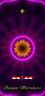 Neon sunflower with vibrant purple glow on wallpaper.