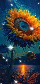 Vibrant sunflower glowing at night with a starry sky and reflection on water.