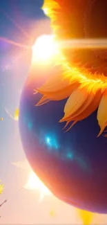 Fantasy art with a sunflower planet and a child holding a kite, under a colorful sky.