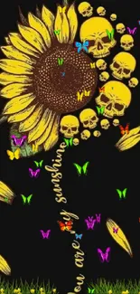 Sunflower with skulls on black background wallpaper.