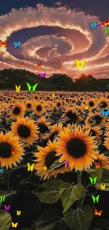 Sunflower field with spiral clouds and sunset sky wallpaper.