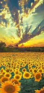 Field of sunflowers under a captivating sunset sky.