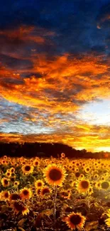 Sunflowers with a vibrant orange sunset sky.