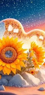 Sunflower and sunset dreamscape art with a surreal, vibrant blend of colors.