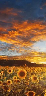 Sunflower field under a vivid orange sunset sky creating a serene mobile wallpaper.