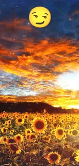 Sunflowers at sunset with a winking emoji in vibrant orange and blue hues.