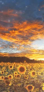 Sunset over a sunflower field with a colorful sky.